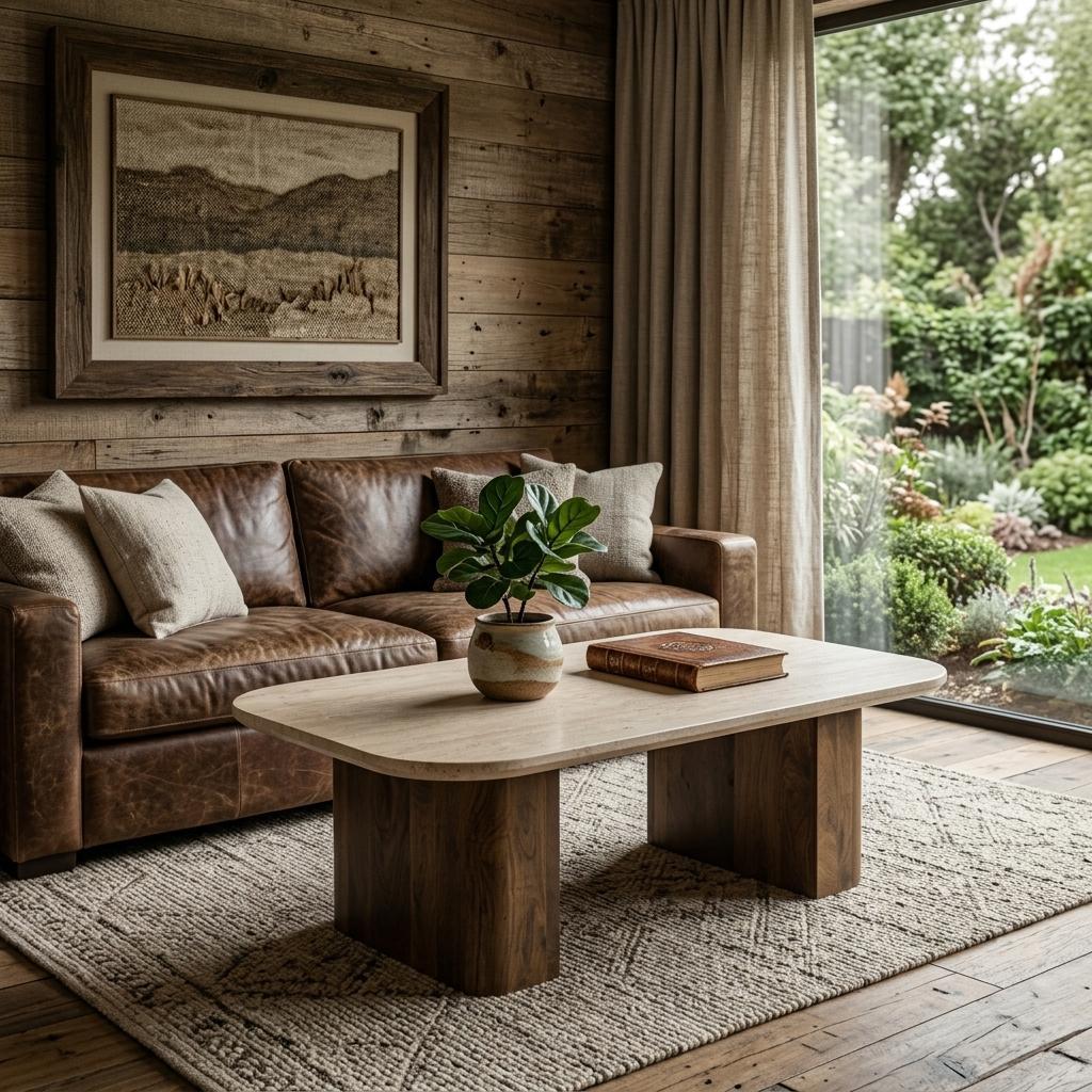 Beige stone and dark wood coffee table with rounded pedestal base in living room