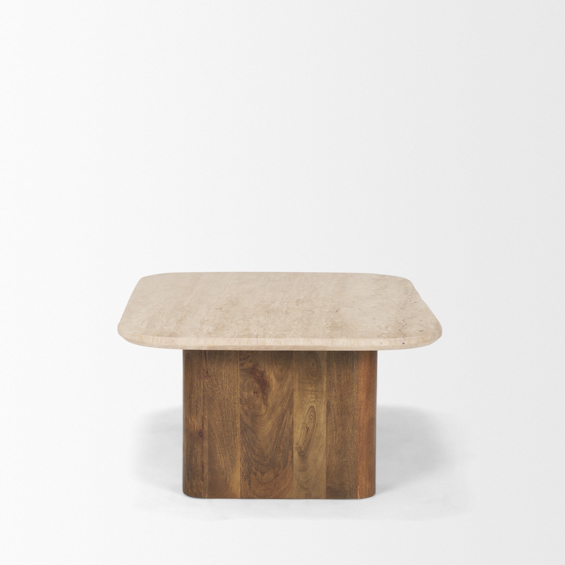 Beige stone and solid wood double pedestal coffee table with rounded top