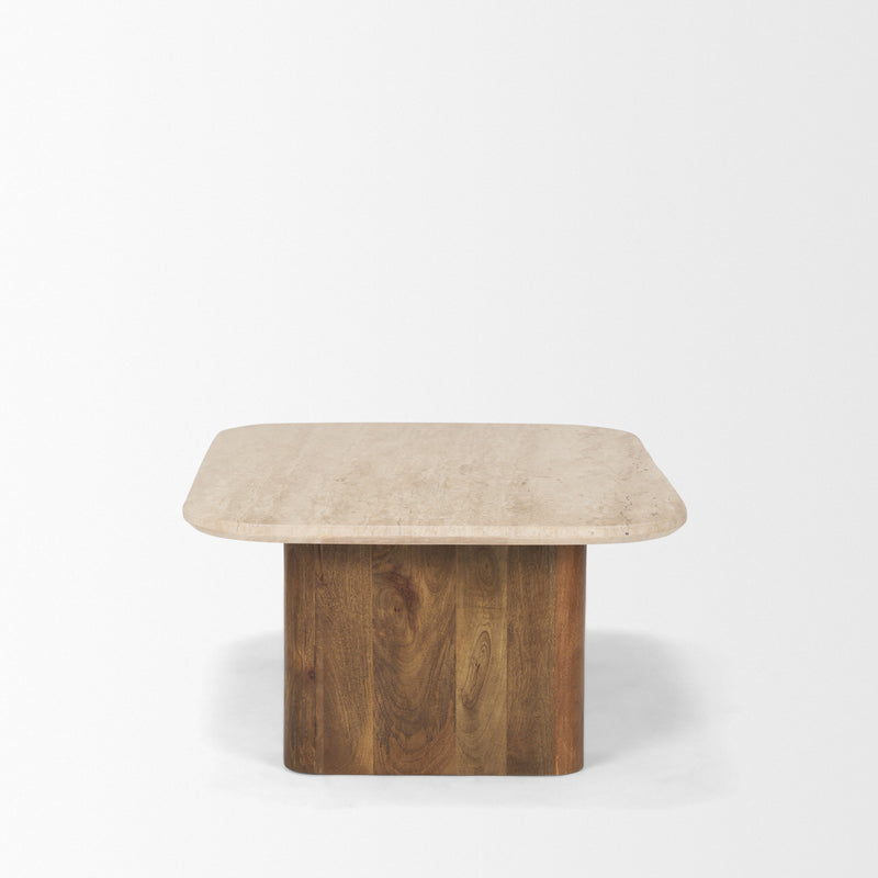 Beige stone and solid wood double pedestal coffee table with rounded top