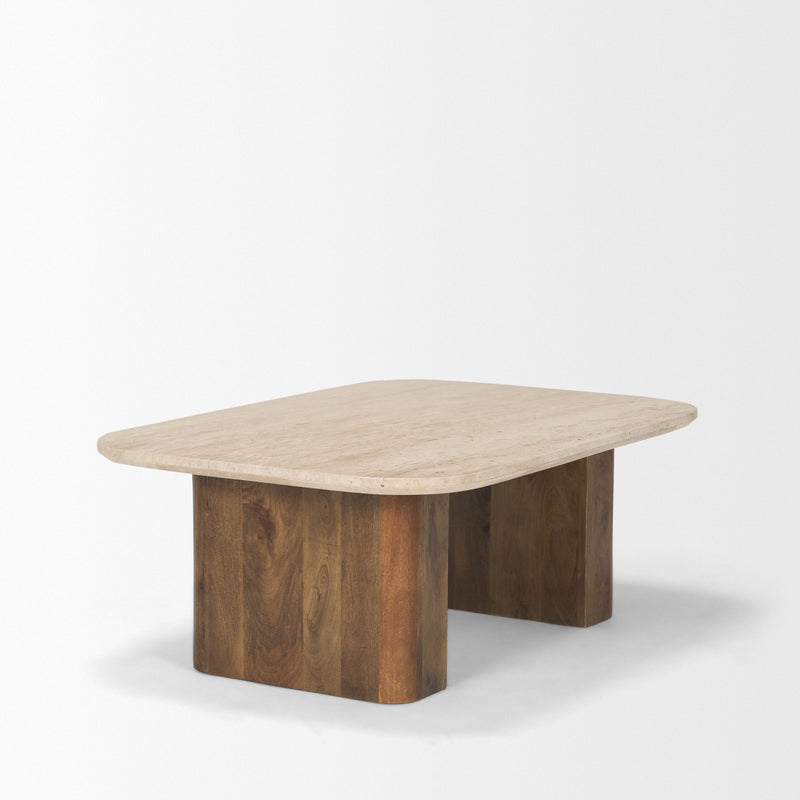 Beige stone coffee table with single wide pedestal base and rounded top corners