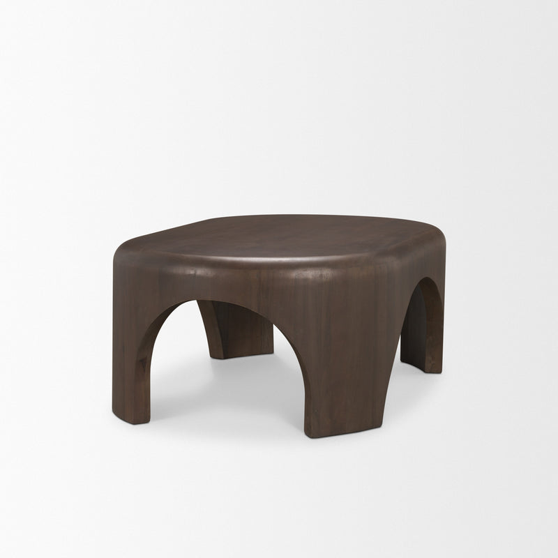 Dark brown oval coffee table with curved legs and arched open underside.