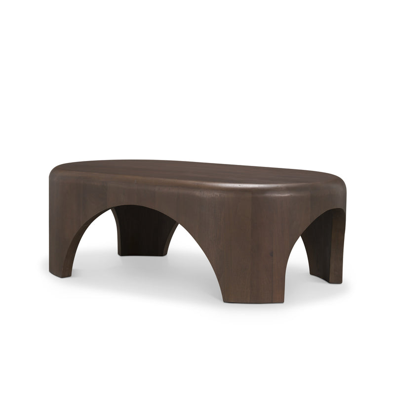 Dark brown oval coffee table with rounded top and two arched side openings.