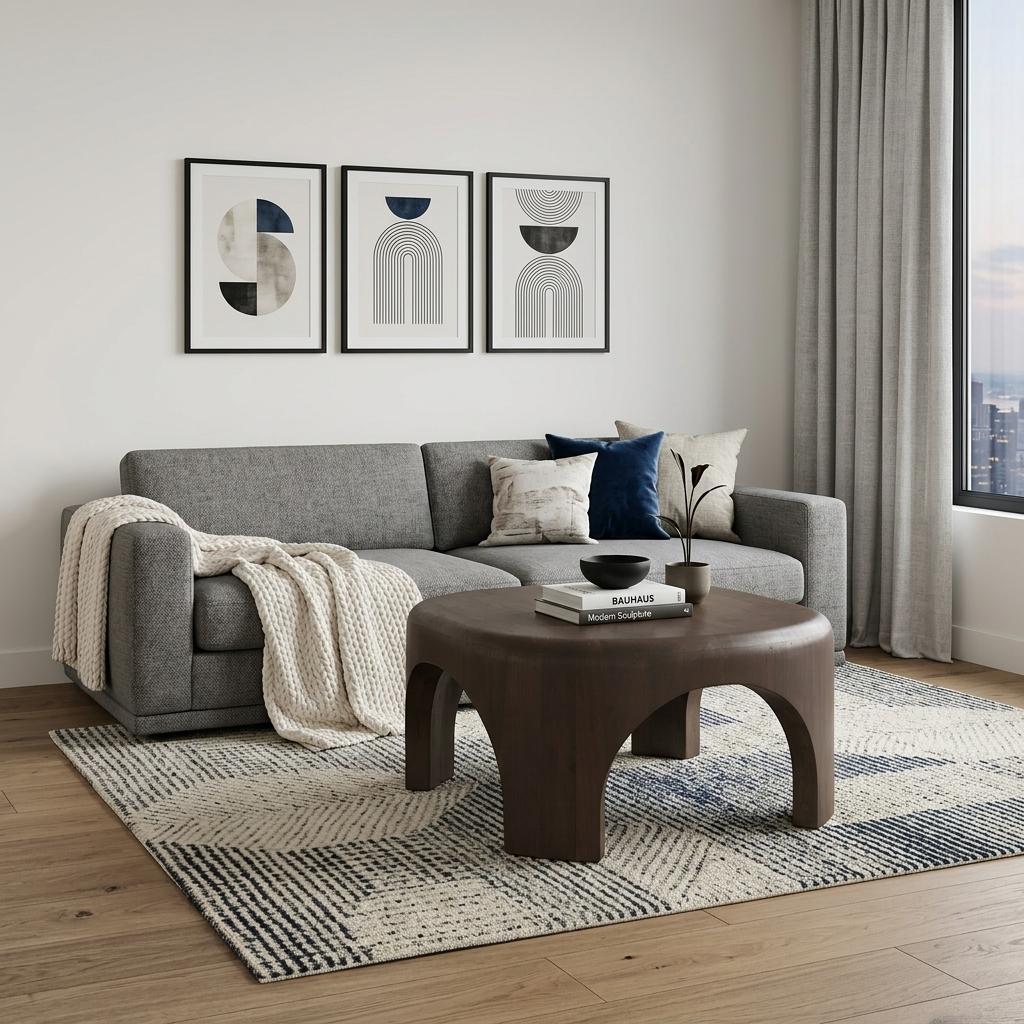 Dark brown oval coffee table with rounded top and curved apron cutout, side view.