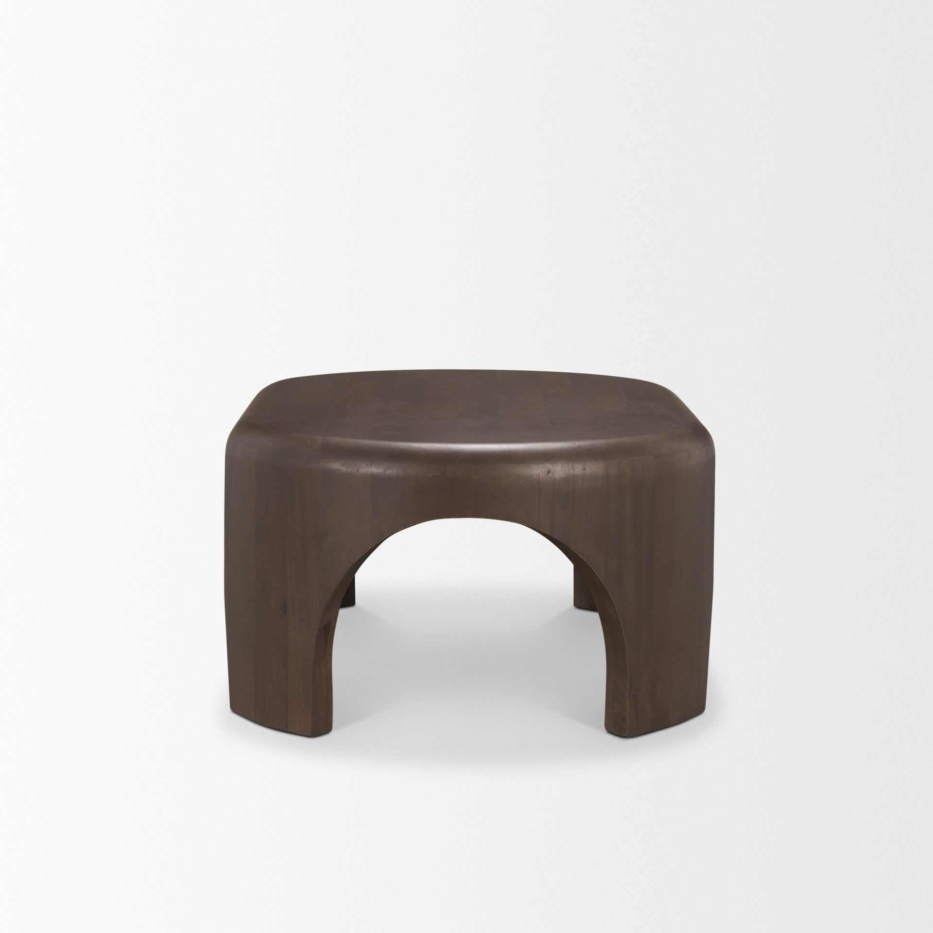 Dark brown oval coffee table with rounded top and U-shaped open base.