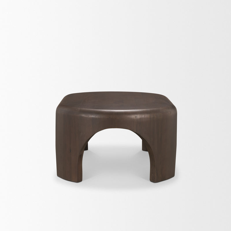Dark brown oval coffee table with rounded top and U-shaped open base.