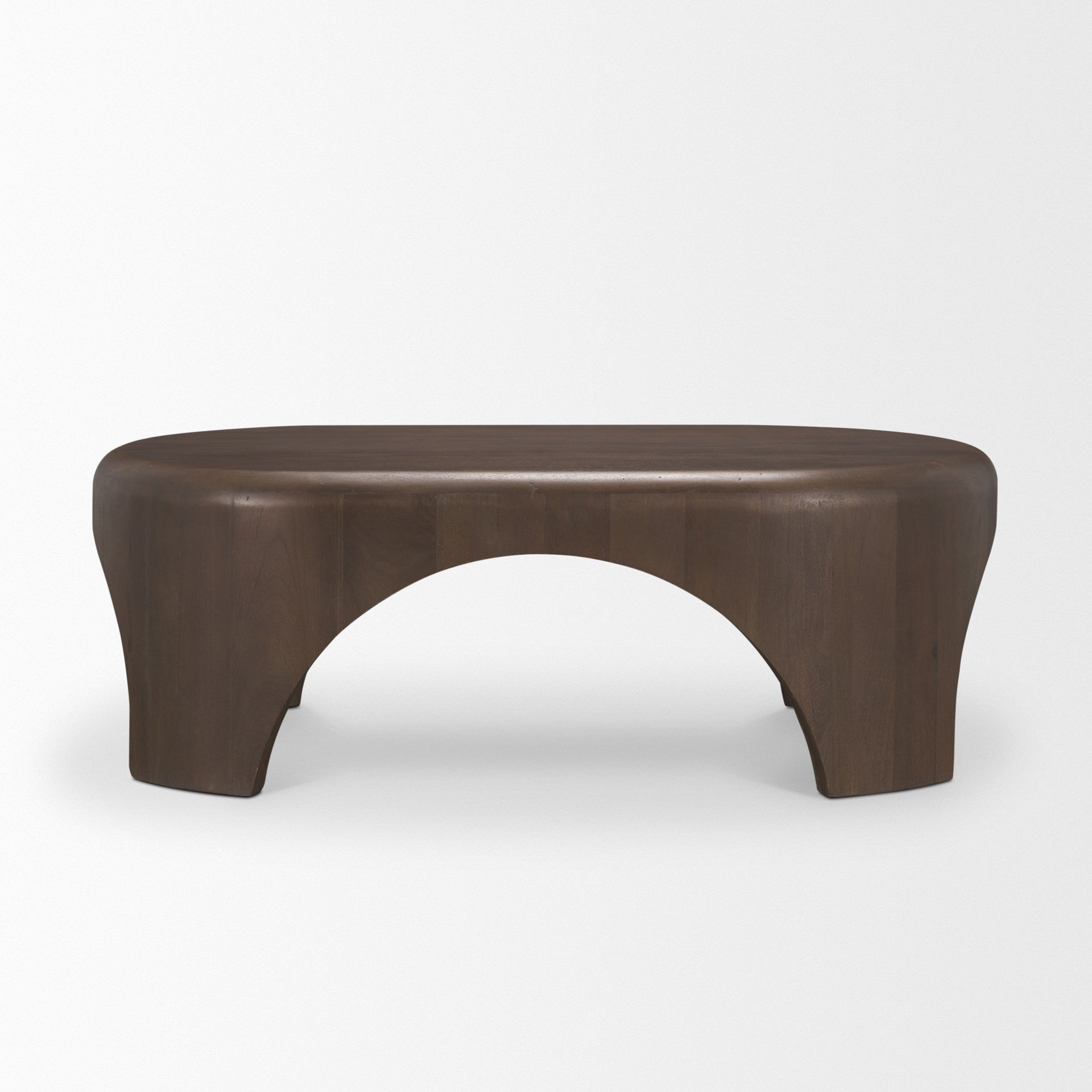 Dark brown oval coffee table with rounded top and open arch base.