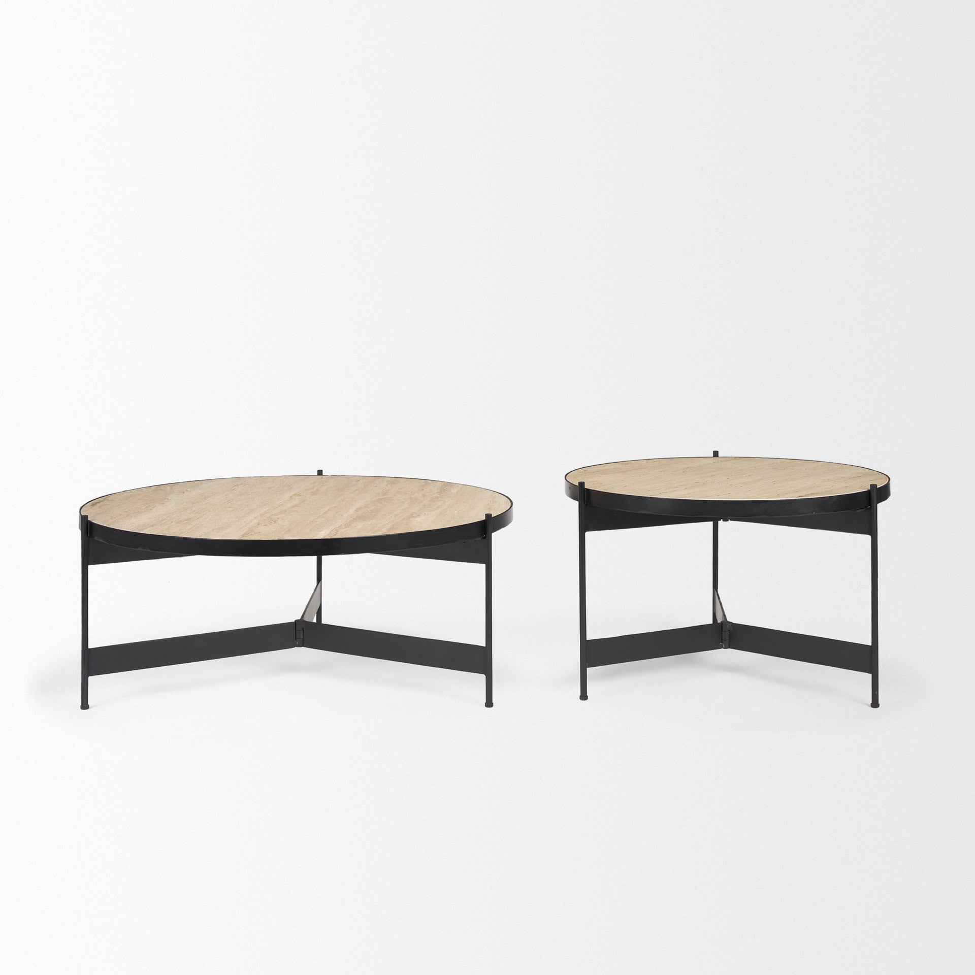 Nested round coffee tables set with beige stone-look tops and black iron frames
