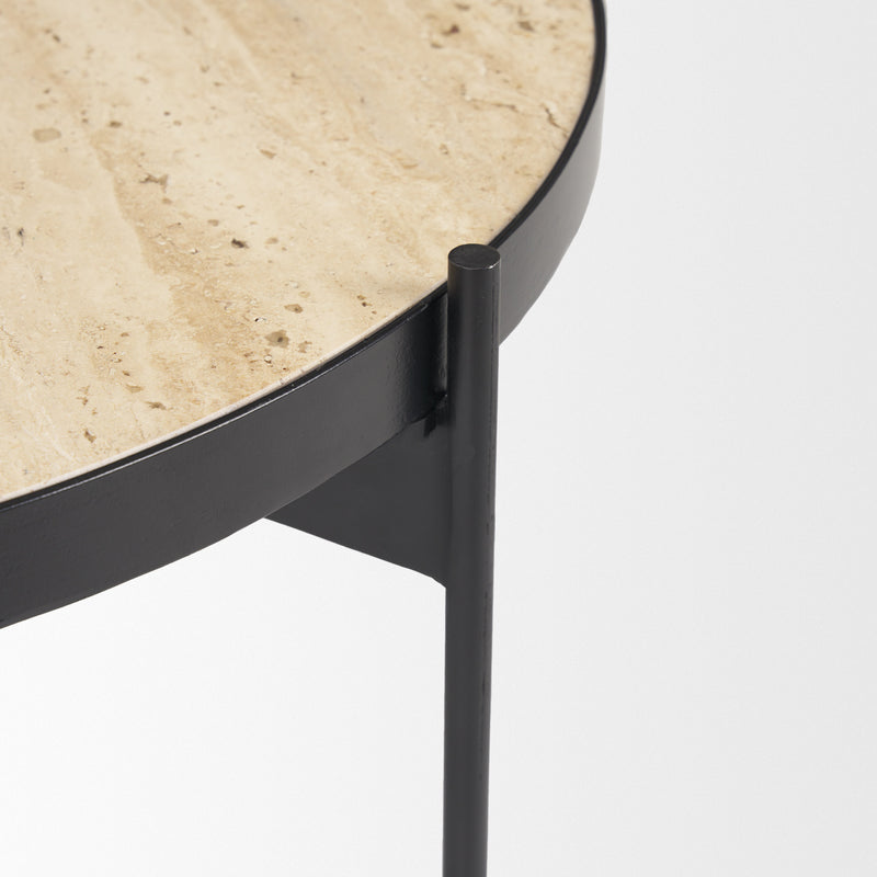 Beige stone-look tabletop edge with black iron frame detail