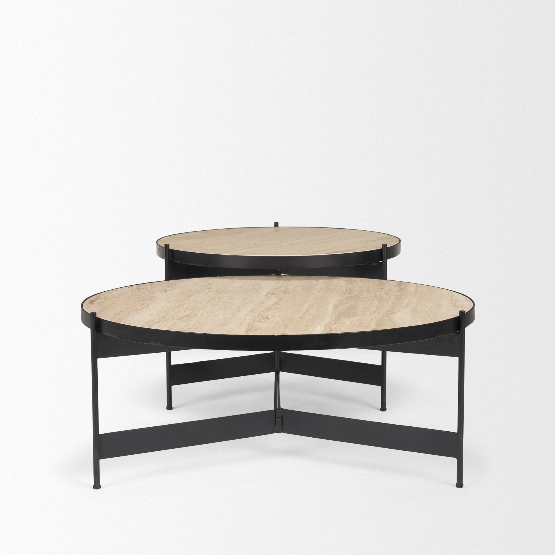 Set of two nested round coffee tables with beige stone-look tops and black metal frames