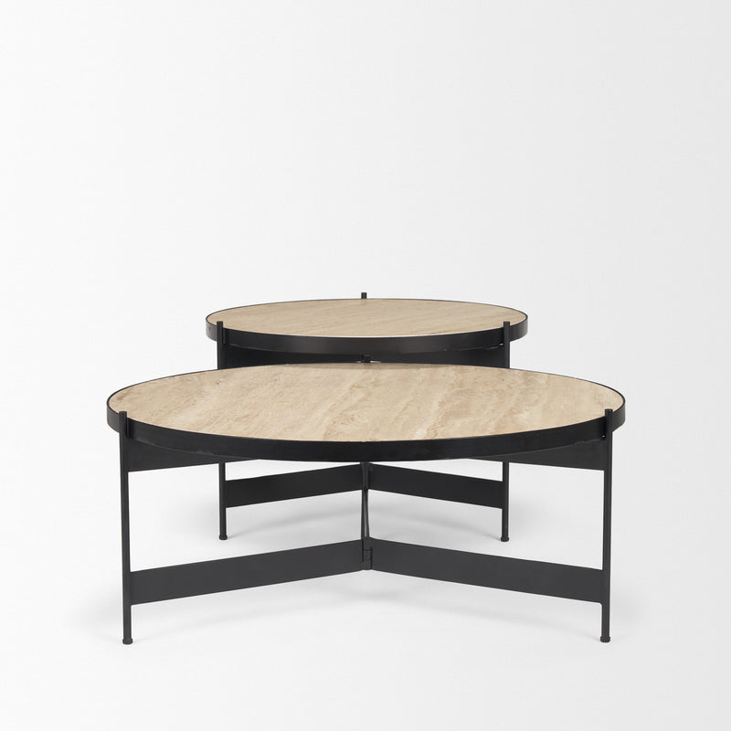 Set of two nested round coffee tables with beige stone-look tops and black metal frames