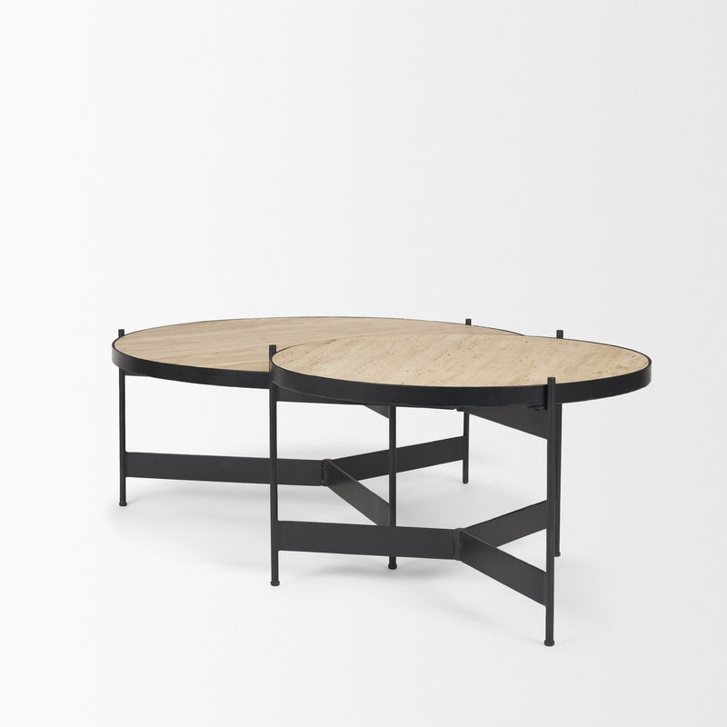 Nested round coffee tables set with beige stone-look tops and black iron supports