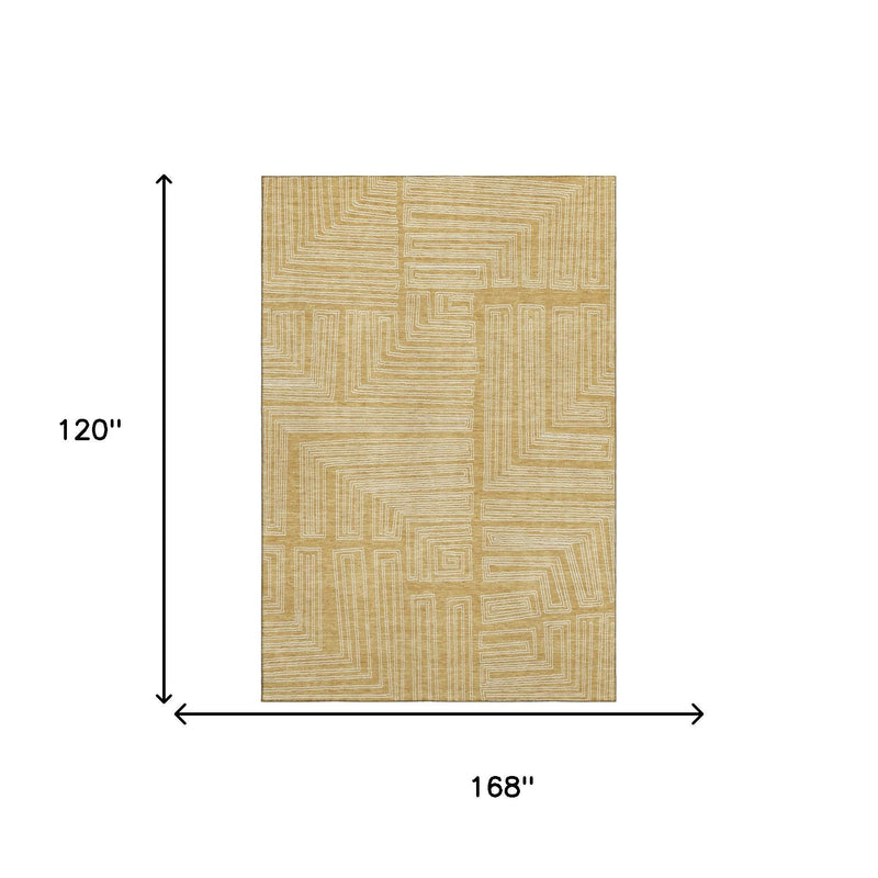 10' X 14' Gold And Ivory Geometric Washable Area Rug With UV Protection - Home & Garden