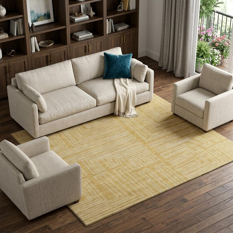 10' X 14' Gold And Ivory Geometric Washable Area Rug With UV Protection - Home & Garden