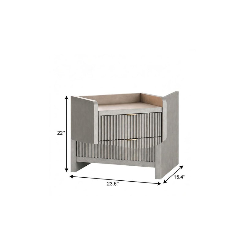 Gray wood nightstand with two drawers and ribbed front panels
