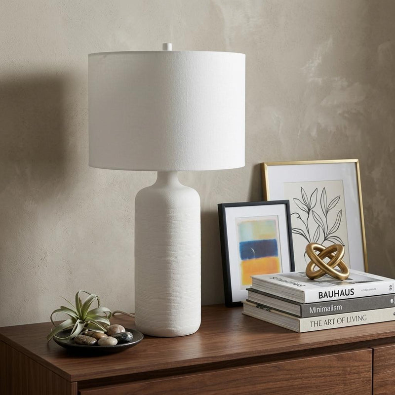 31" White Round Bedside Lamp With Drum Shade - Lighting