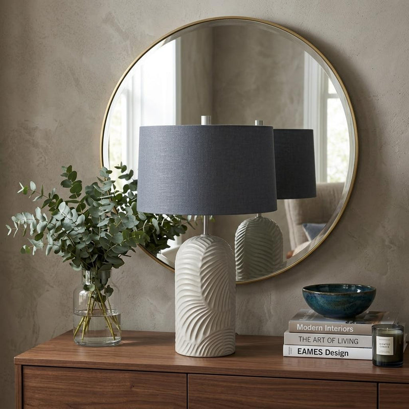 29" Beige Round Bedside Lamp With Drum Shade - Lighting