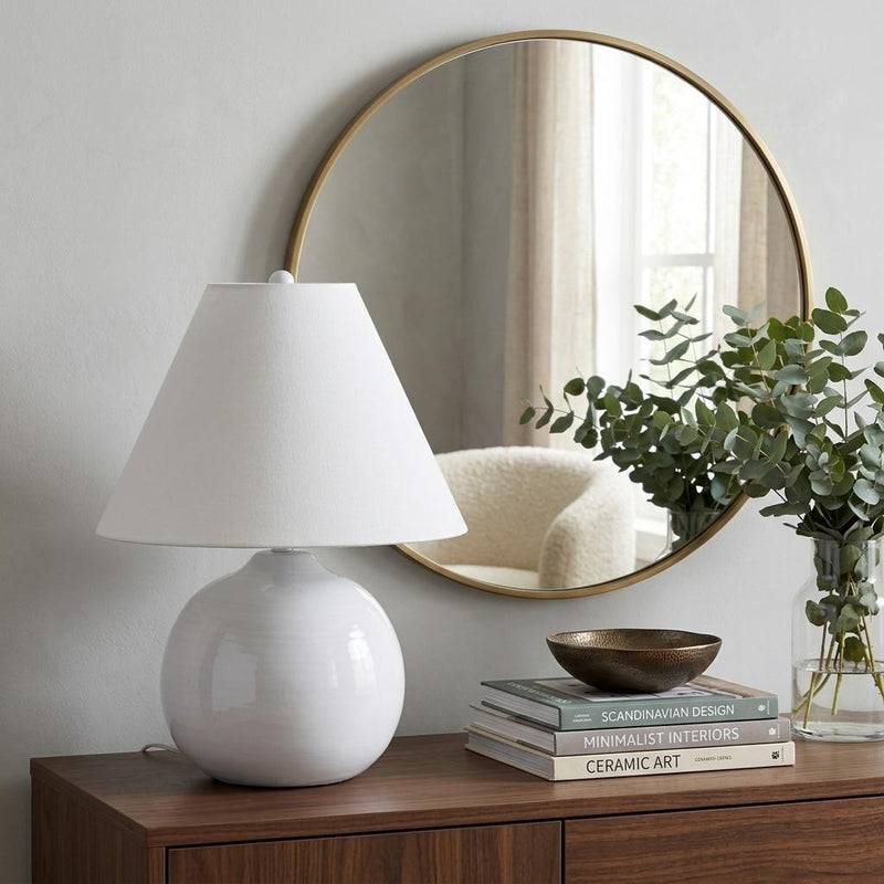 11" White Round Bedside Lamp With Empire Shade - Lighting