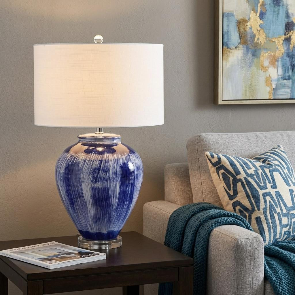 26" Blue And Clear Urn Table Lamp With Drum Shade - Lighting