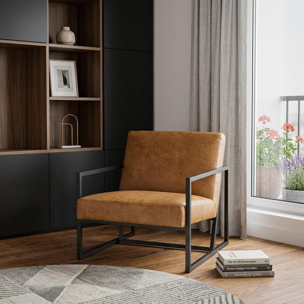 32" Brown and Black Faux Leather Distressed Arm Chair - Living Room