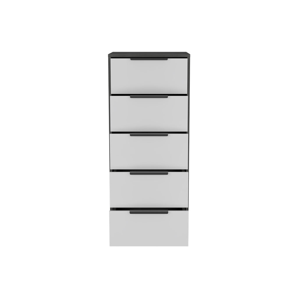 Black-and-white five-drawer lingerie chest, white front panels with black pull handles