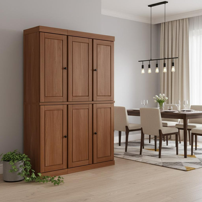 Wood storage cabinet with eight doors, two stacked rows of four
