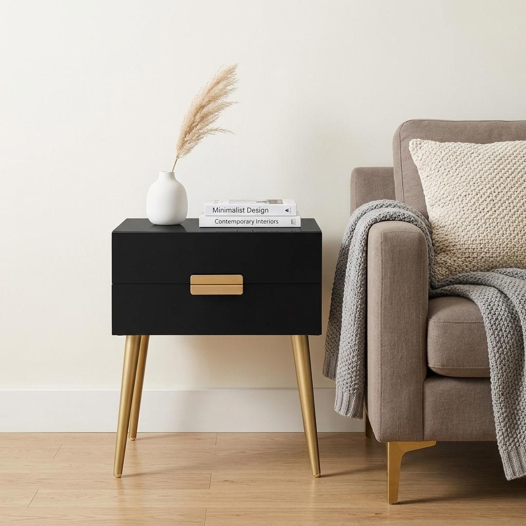 24" Black And Gold Wood And Iron End Table With Two Drawers - Living Room