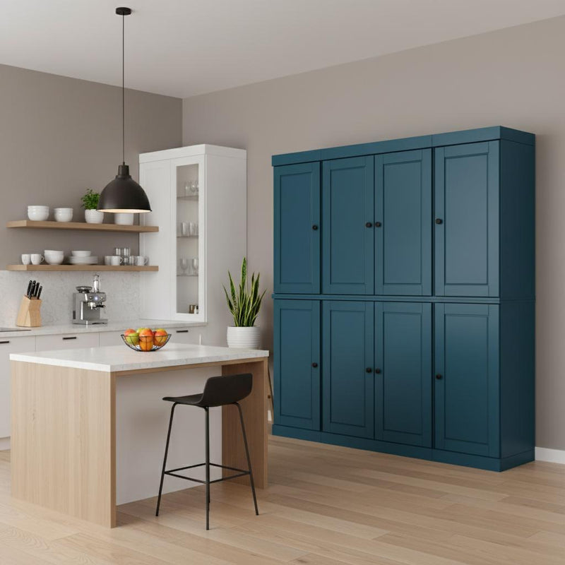 Teal blue solid wood storage cabinet with 8 panel doors and round knobs.