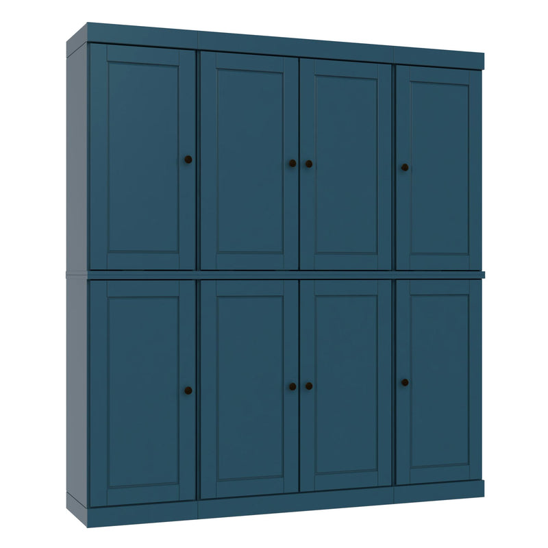 Teal blue solid wood storage cabinet with 8 panel doors in two rows.