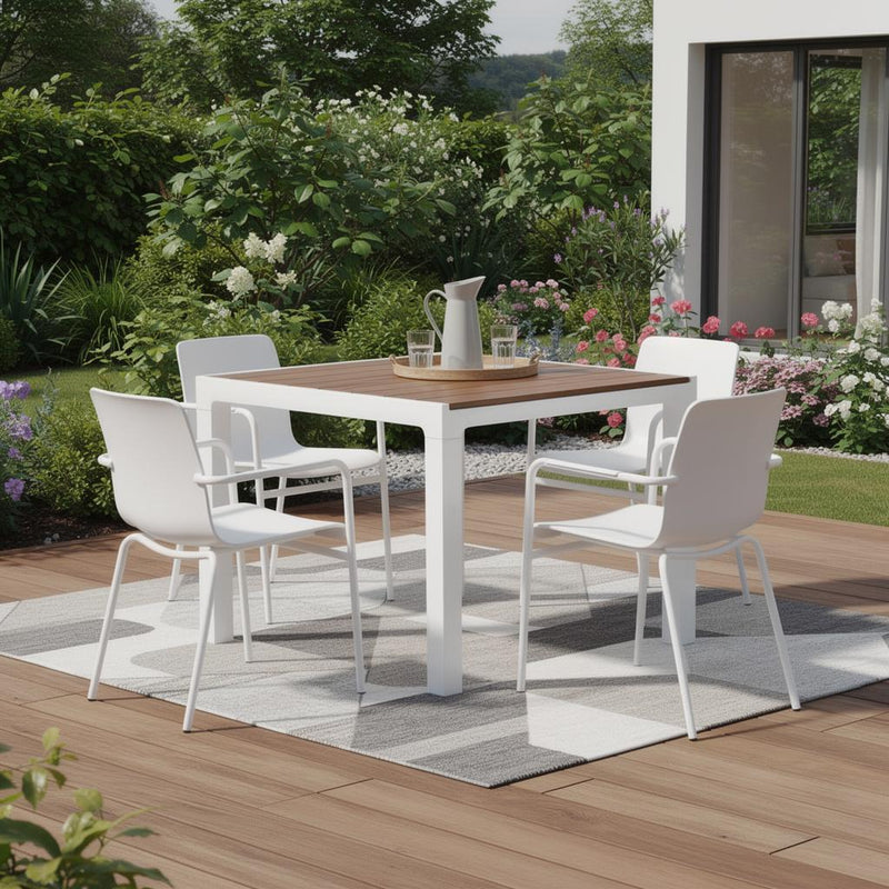 White square outdoor dining table with wood-look slat top and four legs