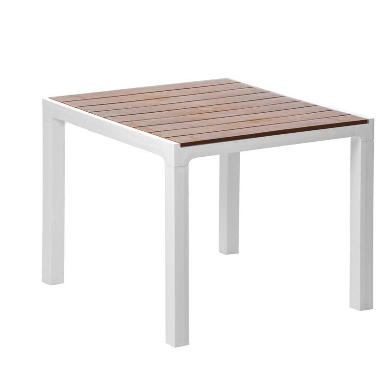 White square outdoor dining table with wood-look slatted top and four legs