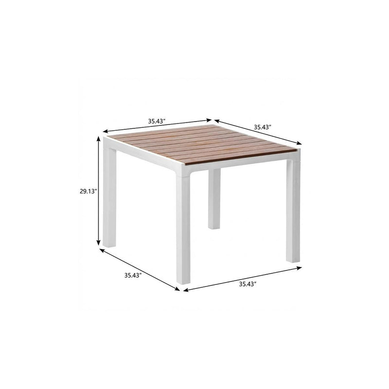 White square outdoor dining table with wood-look slat top; size diagram with dimensions