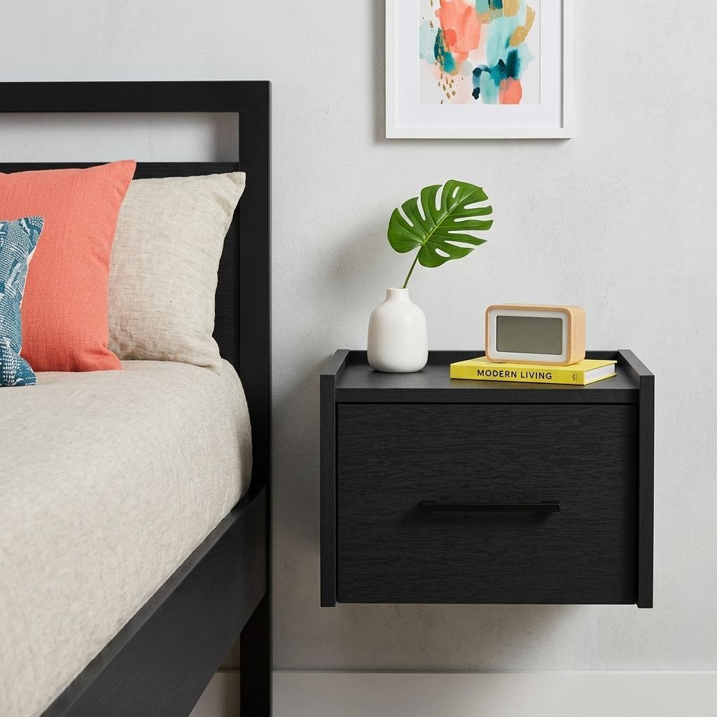 Floating black wood nightstand with one drawer on a wall