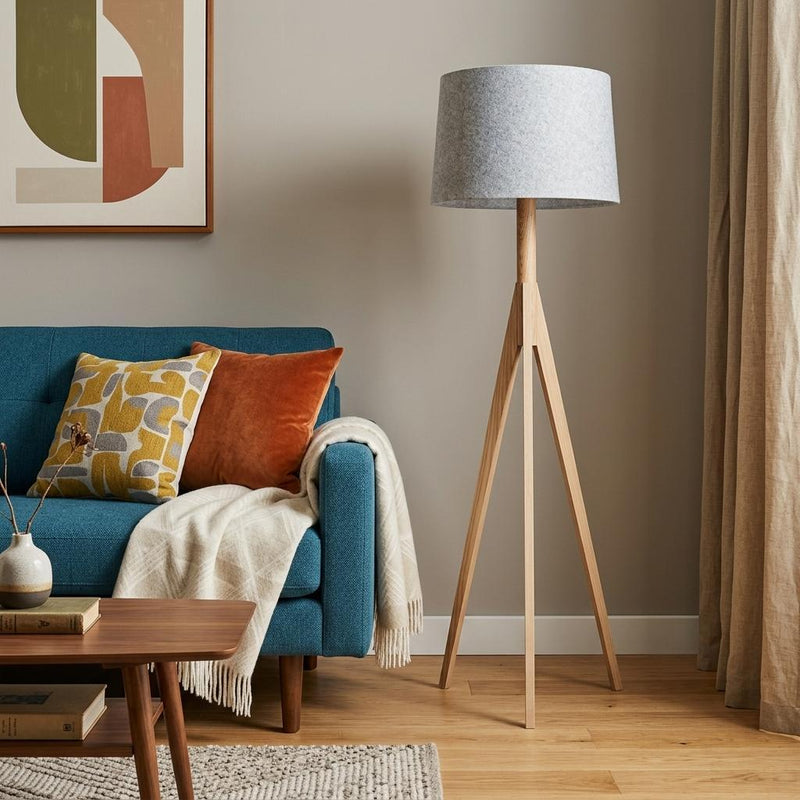 59" Natural Solid Wood Tripod Floor Lamp With Gray Fabric Empire Shade - Lighting