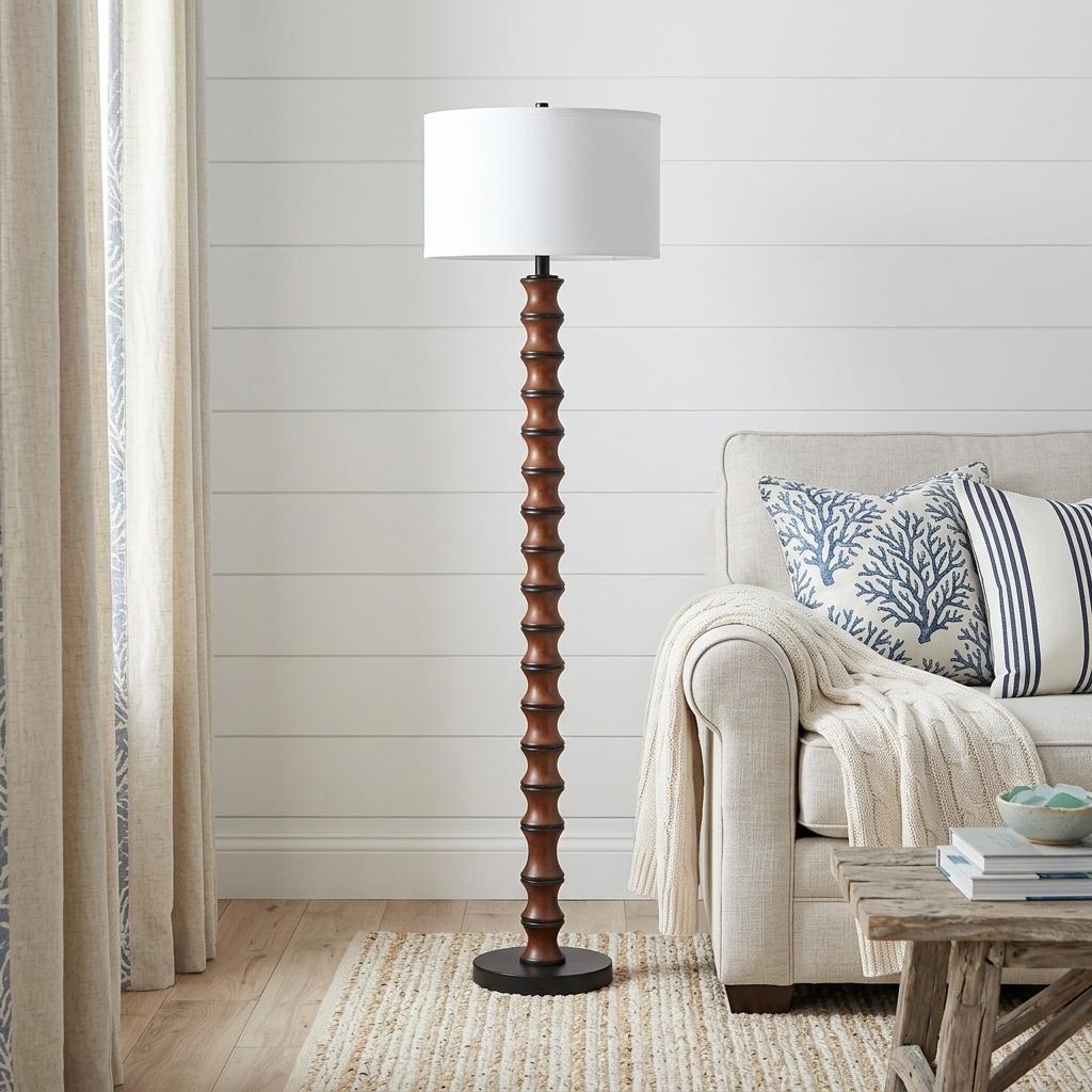 61" Brown And White Resin Floor Lamp With White Fabric Drum Shade - Lighting
