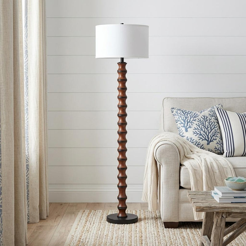 61" Brown And White Resin Floor Lamp With White Fabric Drum Shade - Lighting