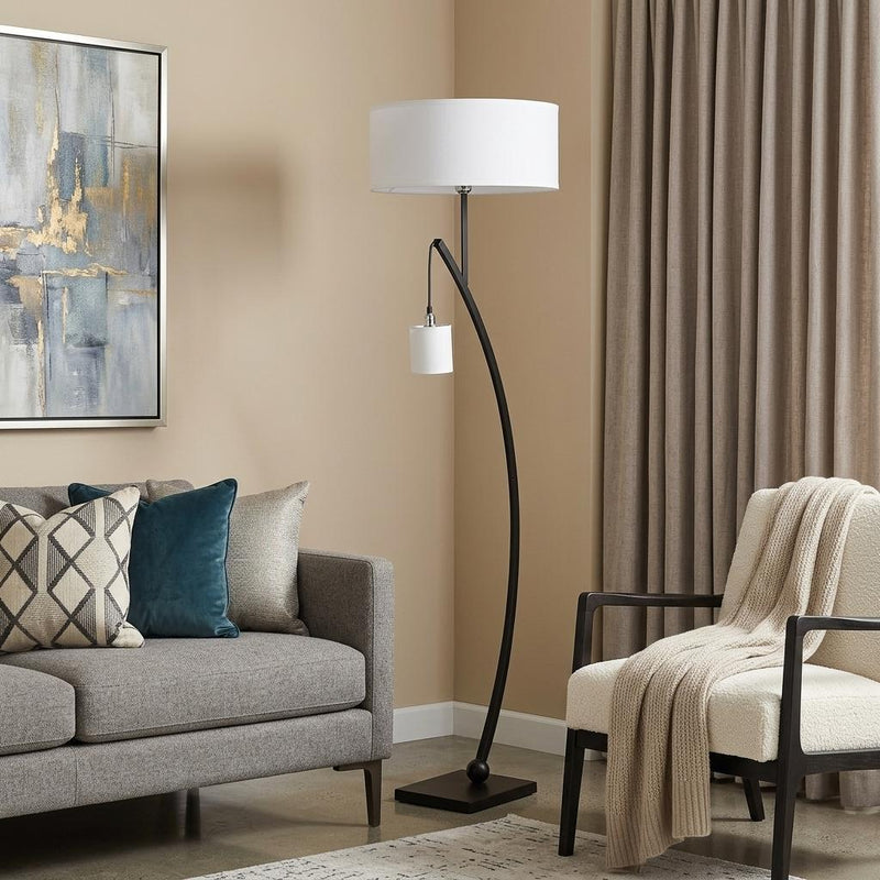 59" Matte Black Dual Arc Floor Lamp With White Drum Shade - Lighting