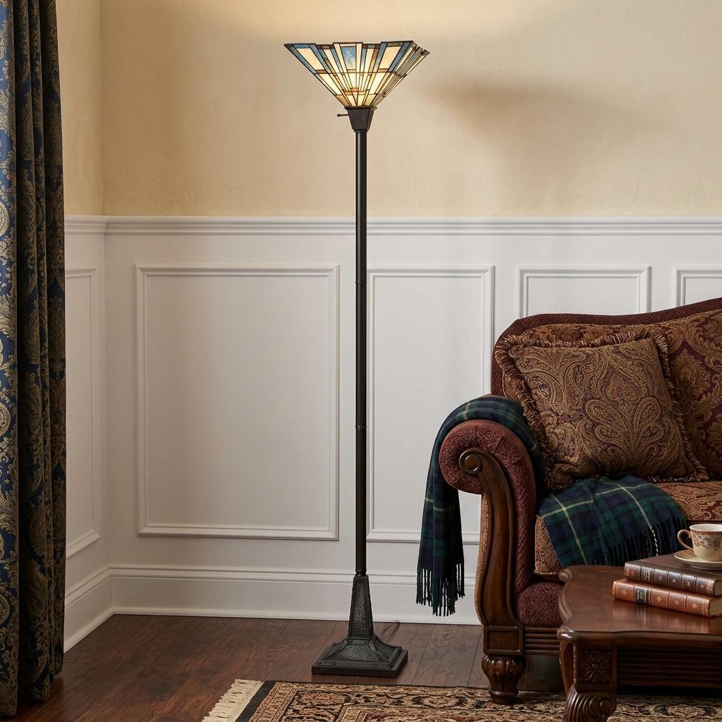 72" Bronze Torchiere Floor Lamp With Gray and Ivory Abstract Tiffany Glass Novelty Shade - Lighting