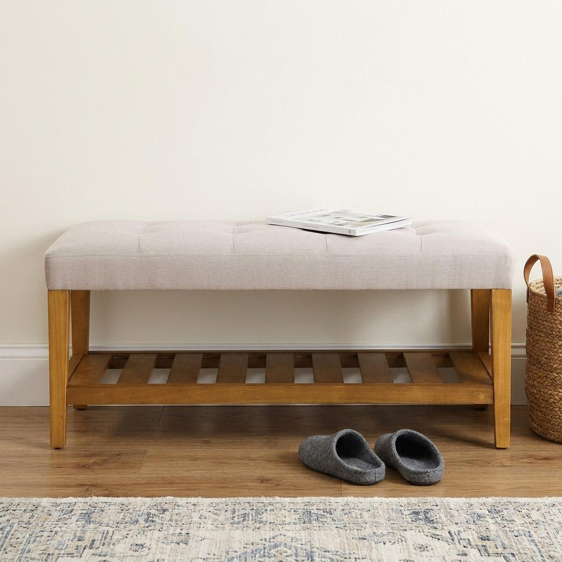 40" Light Gray and Brown Upholstered Polyester Bench with Shelves - Living Room