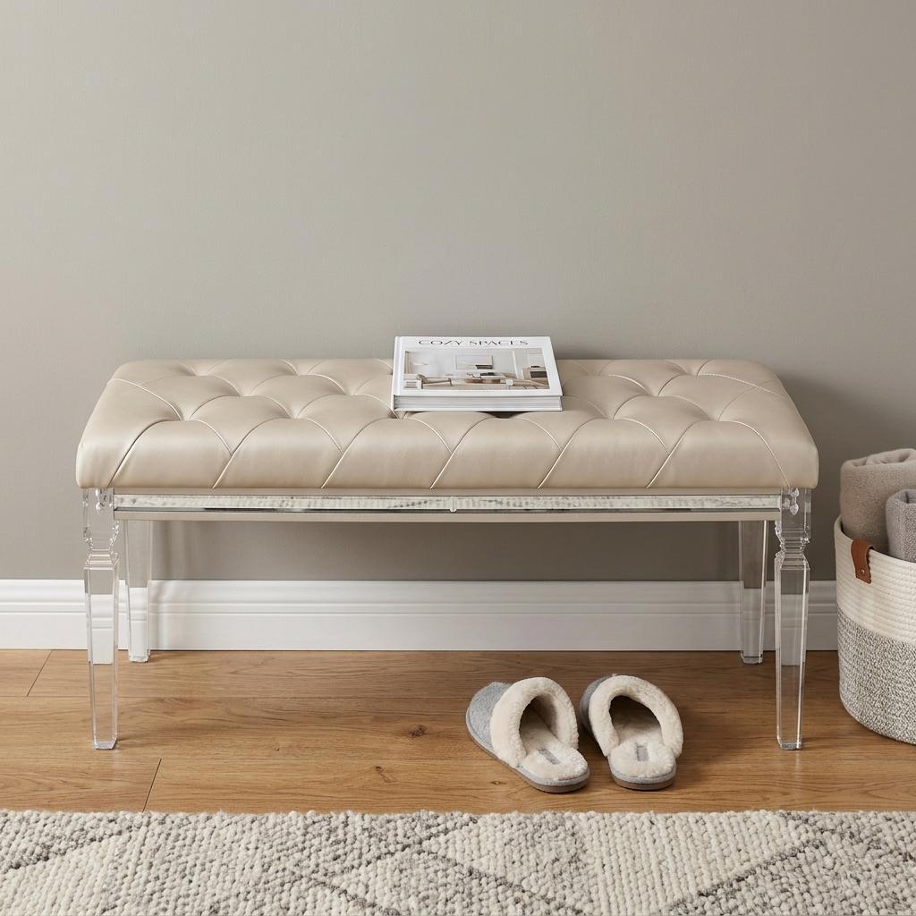 54" Champagne and Clear Upholstered Faux Leather Bench - Living Room