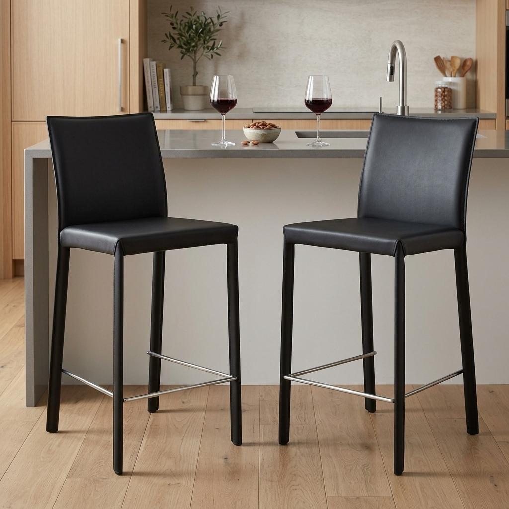 Set of Two 26" Black Faux Leather And Steel Low Back Counter Height Bar Chairs - Living Room