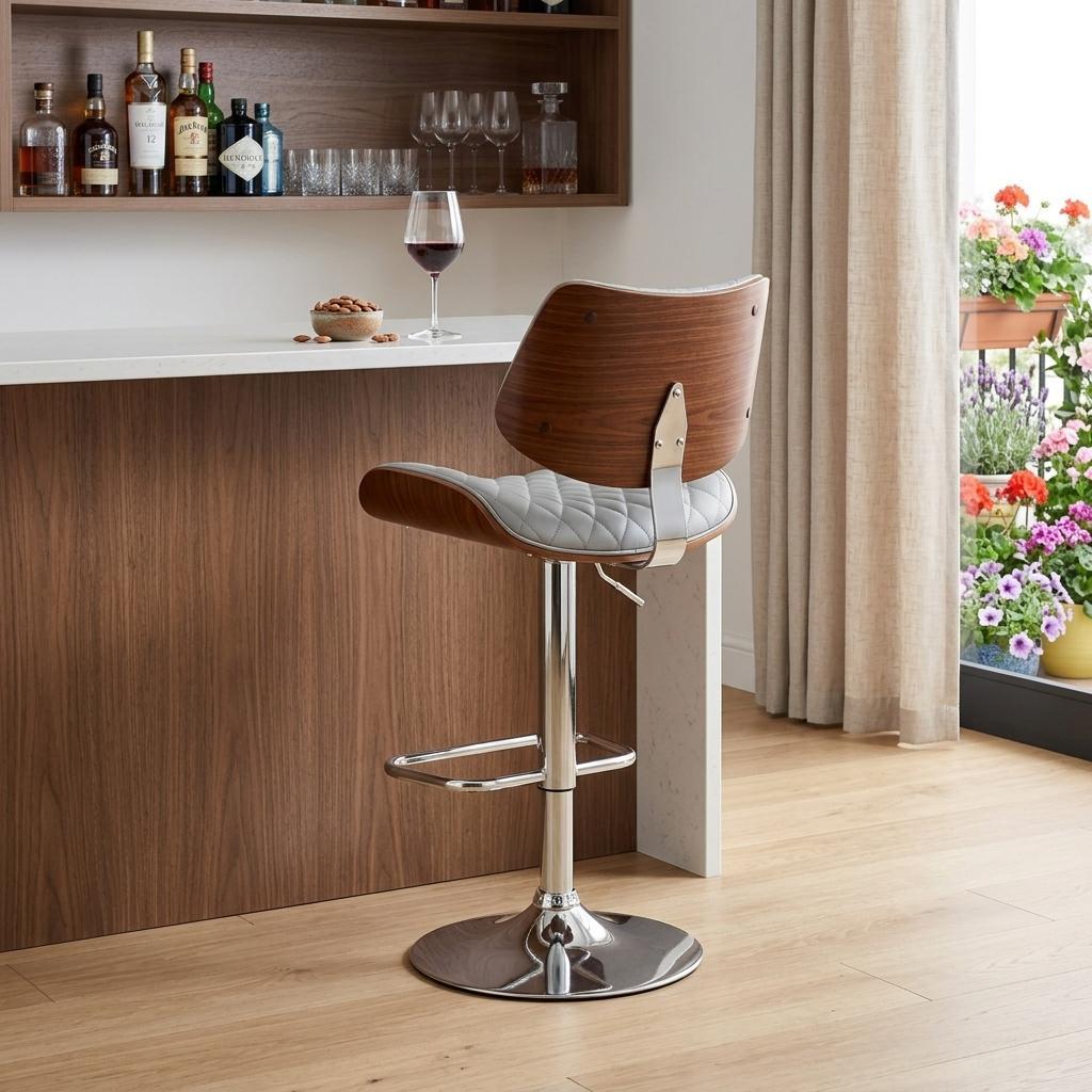 Gray And Silver Fabric And Iron Low Back Adjustable Height Swivel Bar Chair - Living Room