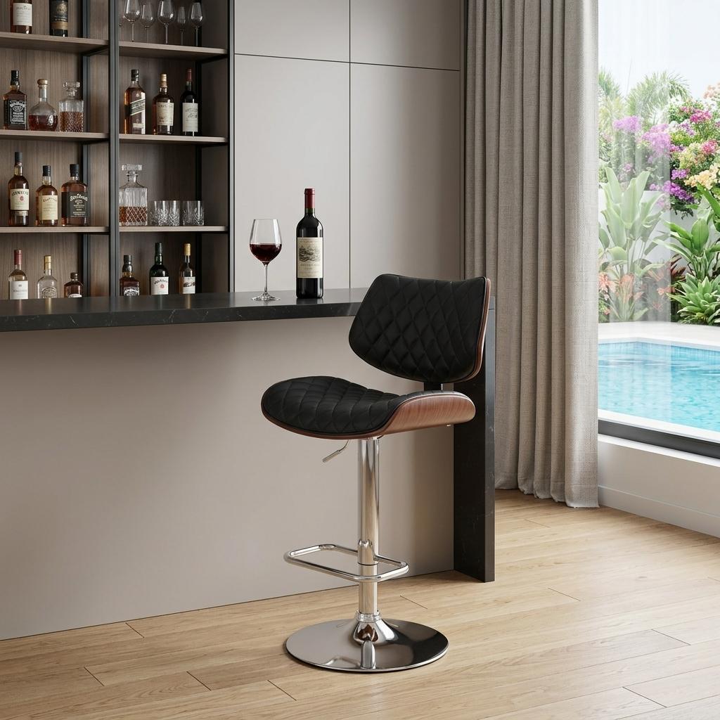 Black And Silver Fabric And Iron Low Back Adjustable Height Swivel Bar Chair - Living Room