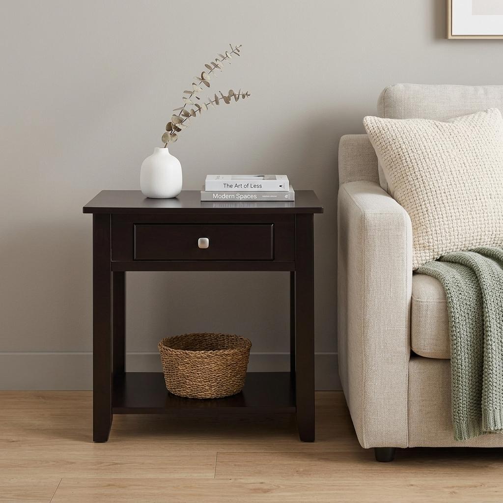 22" Black Manufactured Wood Square End Table With Drawer With Shelf - Living Room