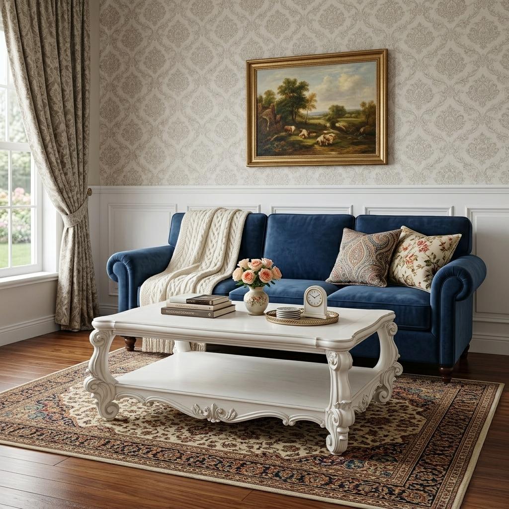 57" Antiqued White Wood Coffee Table With Shelf - Living Room
