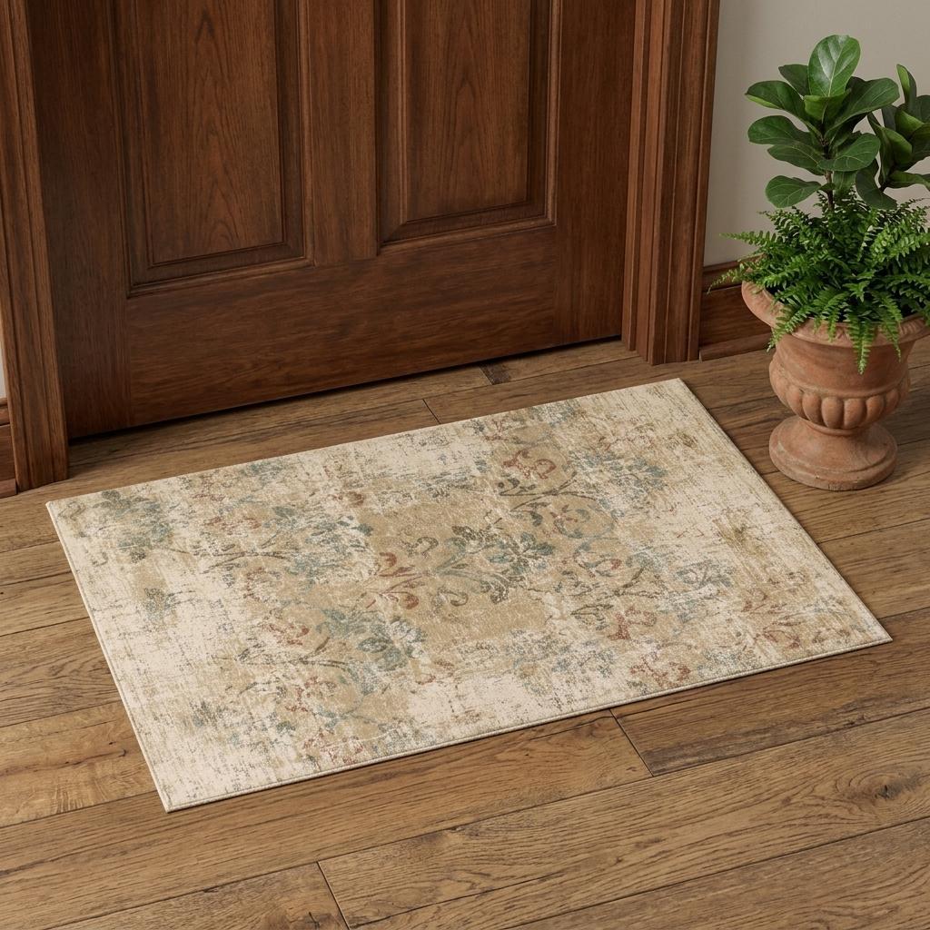 3' X 5' Champagne And Beige Damask Area Rug - Home & Garden