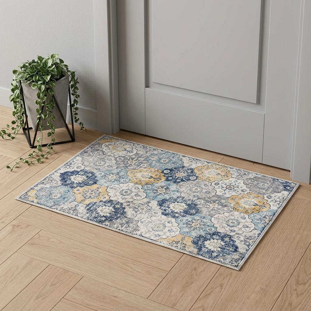2' X 4' Blue and Yellow Floral Area Rug - Home & Garden