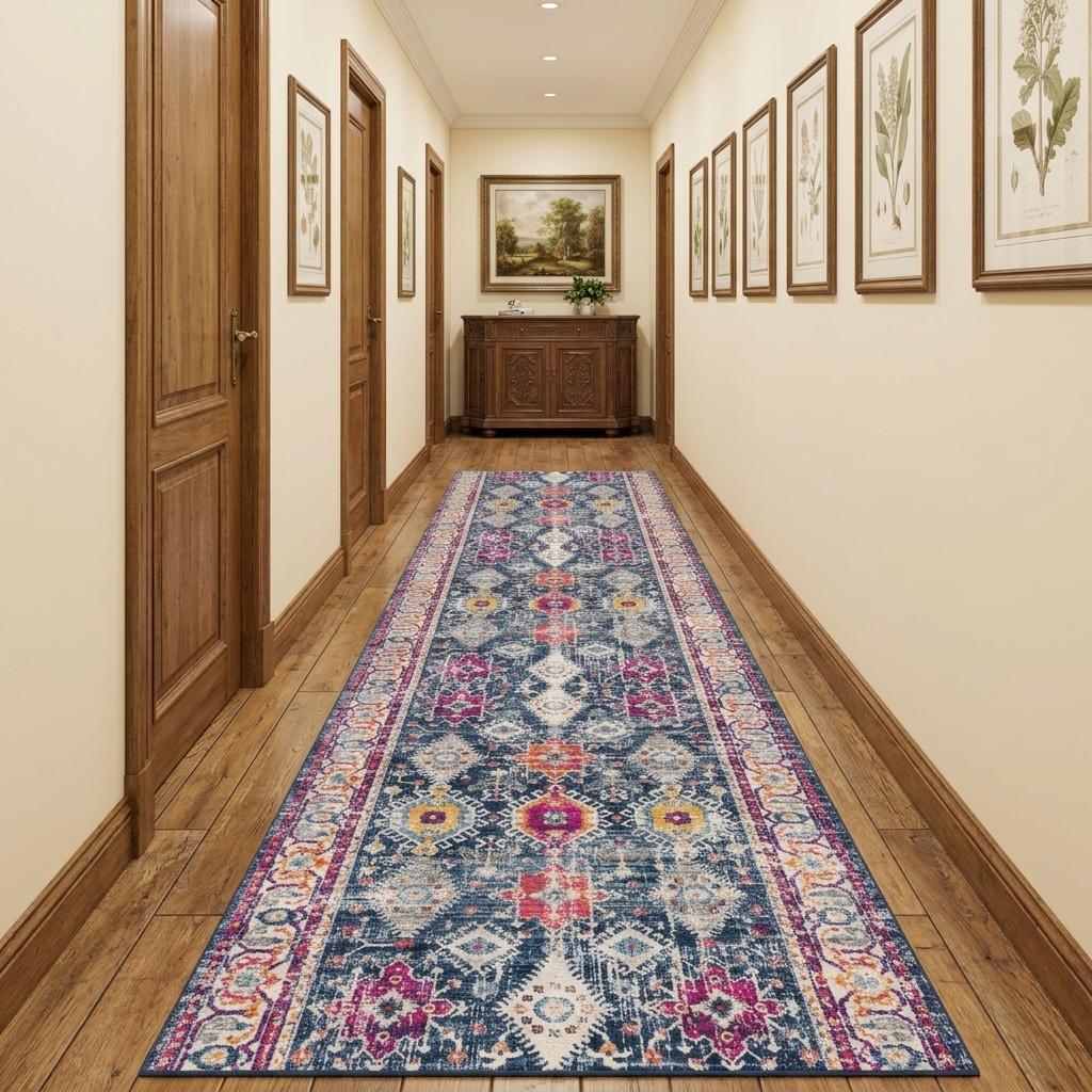 12' Blue And Ivory Oriental Runner Rug - Home & Garden