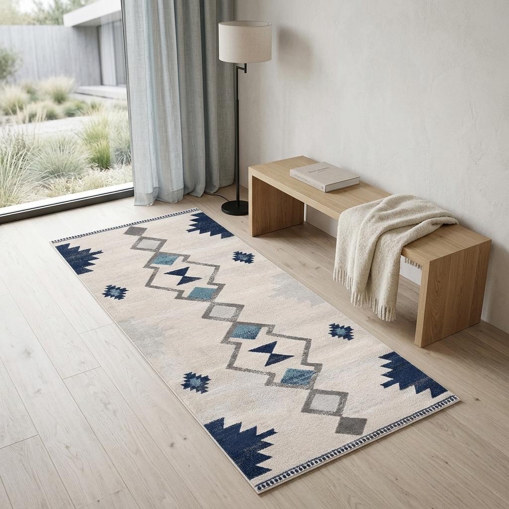 2' X 5' Blue and Ivory Southwestern Area Rug - Home & Garden