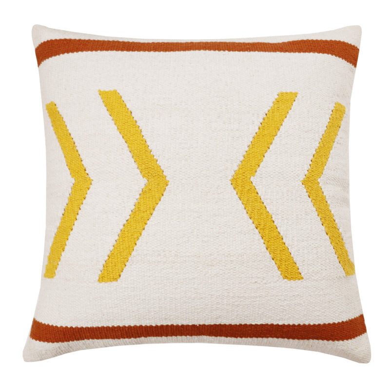 Square chevron pillow cover, white fabric with yellow double zigzags and rust band
