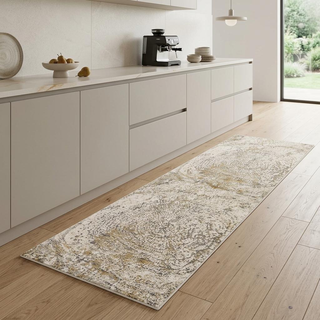 8' Gray Ivory And Tan Abstract Distressed Runner Rug - Home & Garden